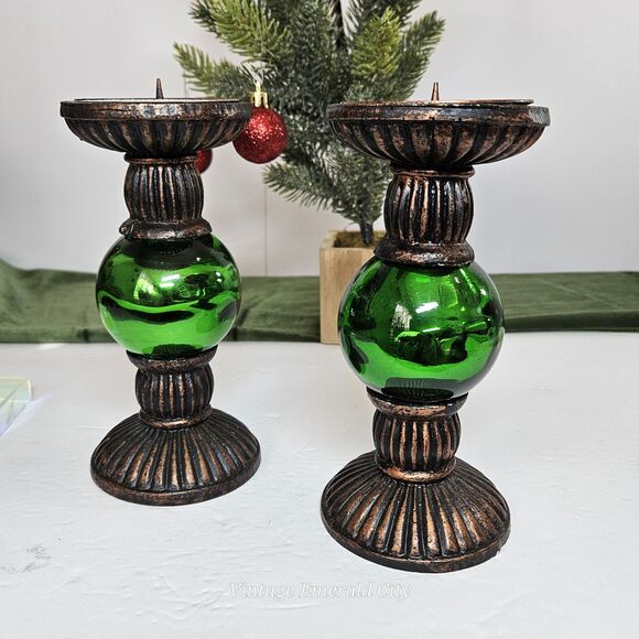 Vtg Rare Metallic Green Chunky Candlestick Candle Holder Set of 2 Festive Decor - Picture 2 of 12